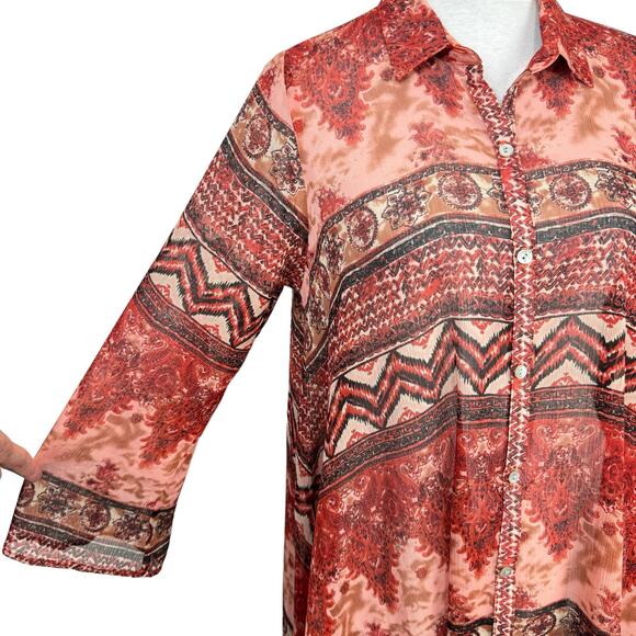 Uncle Frank Red Mixed Print Sheer Chiffon Button Down Asymmetrical Tunic Dress - Picture 5 of 8